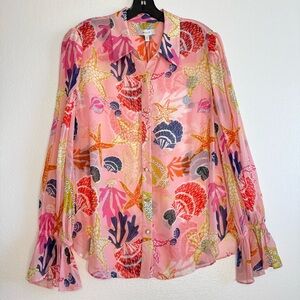 Milly Lacey Seashells Starfish Button Down Long Sleeve Blouse Pink Coral Size L